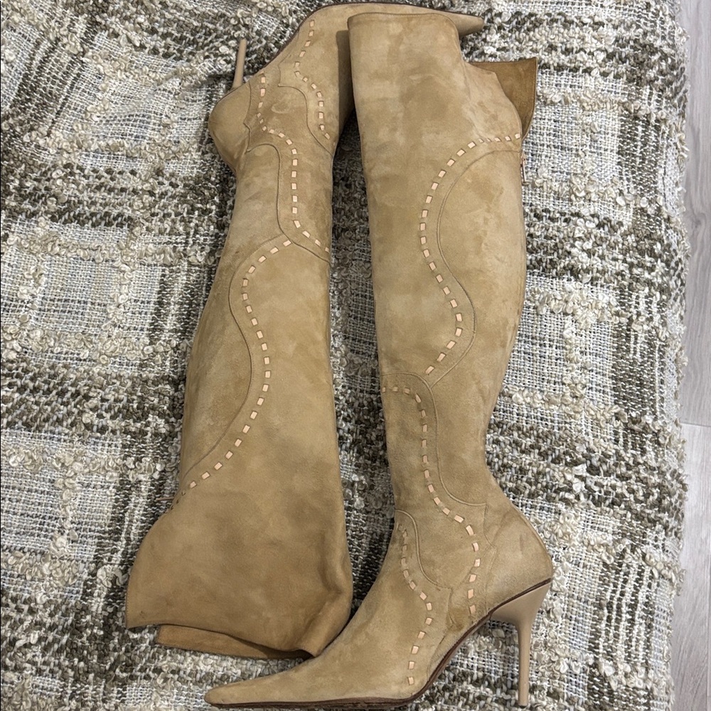 Nine West Studio Suede Over-the-Knee Pointed Tan Y2K Boots Size 7.5 - Picture 3 of 16
